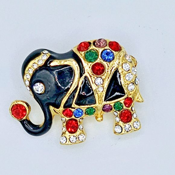 Vintage Jeweled Elephant Brooch Black Enamel Indian Asian Gold Tone Jewelry Pin - Picture 7 of 10